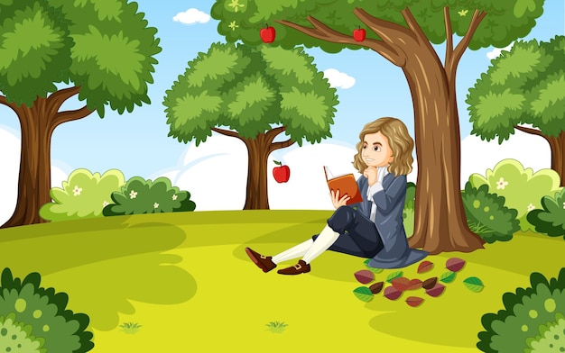 Исаак Ньютон сидит под яблоней