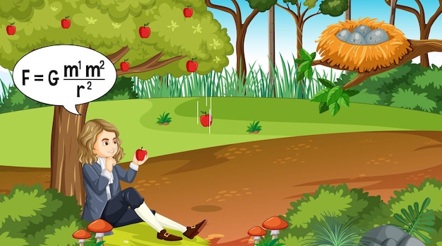 Free vector isaac newton sitting under apple tree