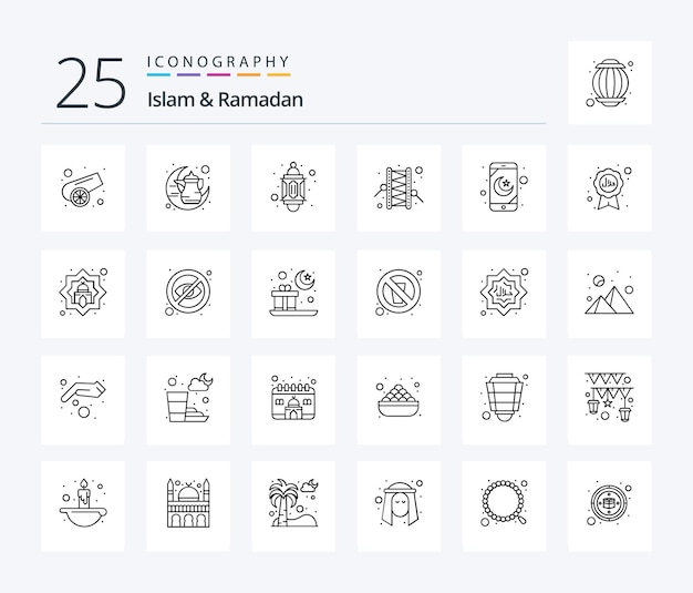 무료 벡터 이슬람 및 라마단 25 모바일 애플리케이션 드러머 라이트 라마단 베두그를 포함한 라인 아이콘 팩