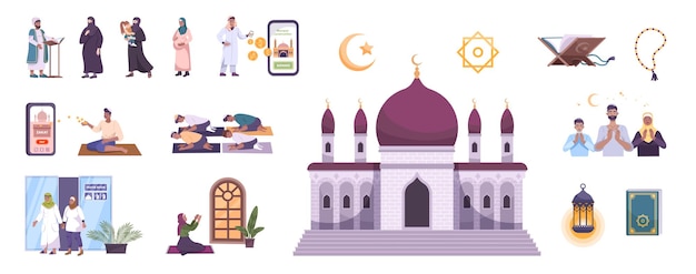 無料ベクター イスラム教の現代人は、人間のキャラクターのスマートフォンと伝統的な宗教のシンボルのベクトル図とフラットな孤立したアイコンのセット