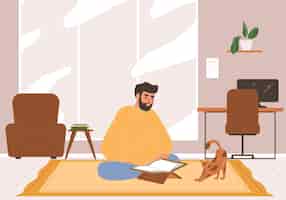 Бесплатное векторное изображение Исламская религия плоская концепция с мужчиной, читающим коран на домашней векторной иллюстрации