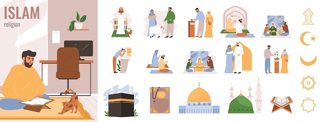 Бесплатное векторное изображение Исламская религия плоские иконы с мужской молитвой и религиозными символами изолированные векторные иллюстрации