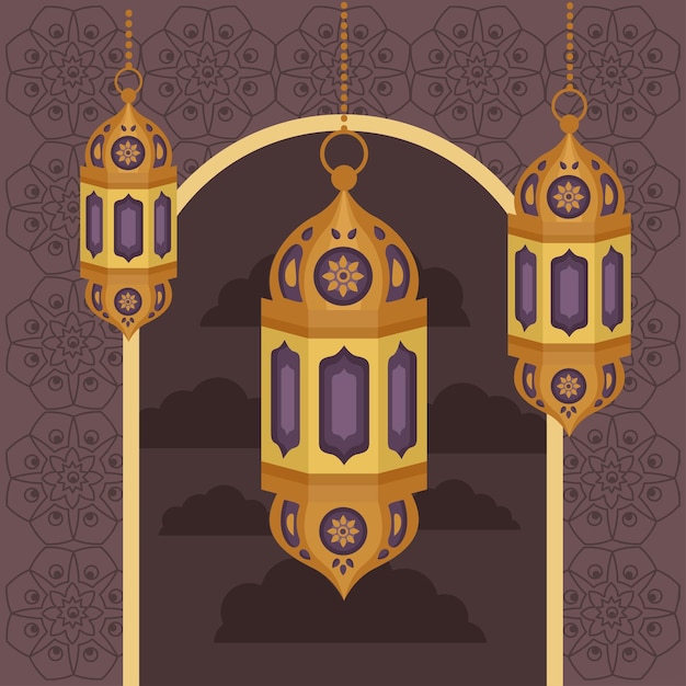 Free vector islamic celebration lamps in arch