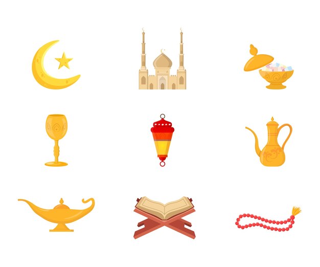 Islamic culture symbols set Arabic countries religious items isolated cliparts pack ramadan muslim design elements collection