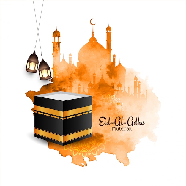 Free vector islamic eid al adha mubarak watercolor background with mosque