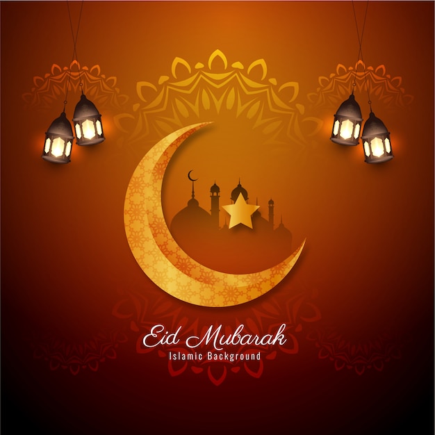 Free vector islamic eid mubarak card with stylish crescent moon