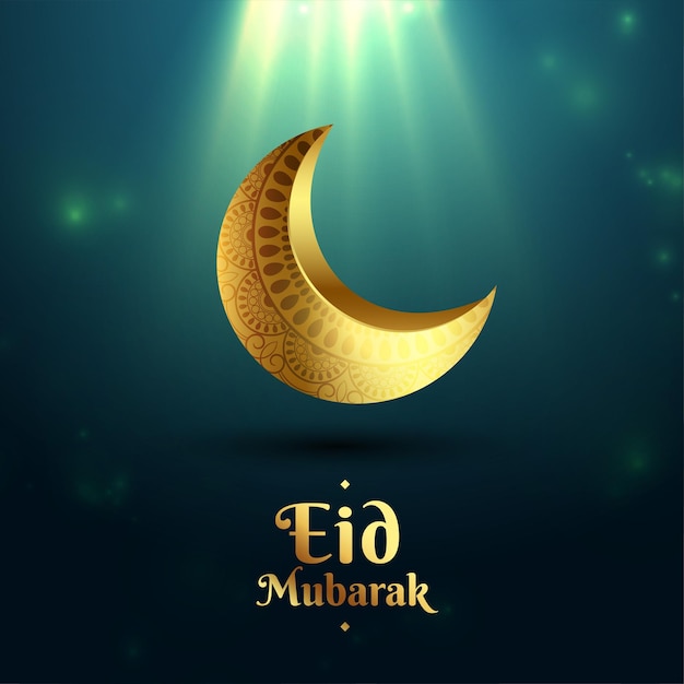 Islamic eid mubarak glowing background with 3d golden moon