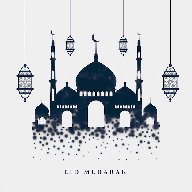 Islamic eid mubarak stylish greeting with mosque and lamps