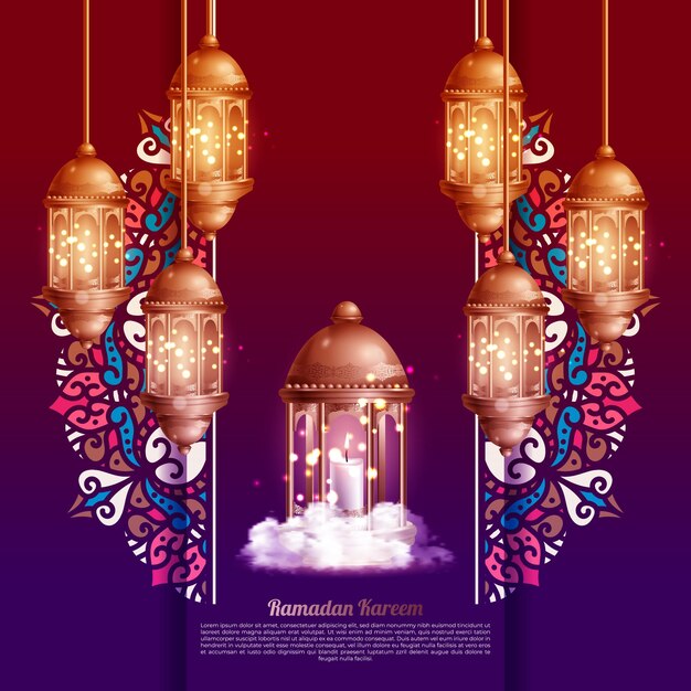 Islamic greetings ramadan kareem card design with gold lanterns