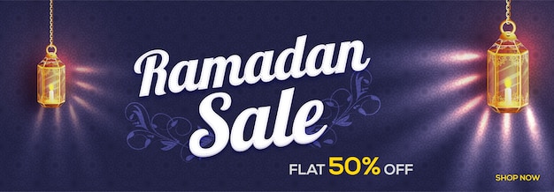  Islamic Holy Month, Ramadan Sale banner decorated with glowing hanging lamps and beautiful floral design. 