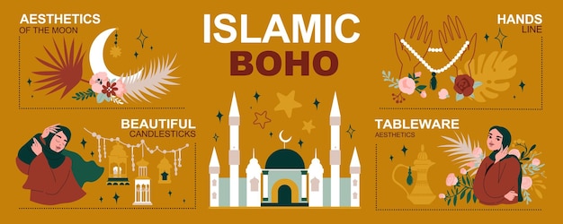 Islamic infographic flat set with candlesticks and tableware vector illustration