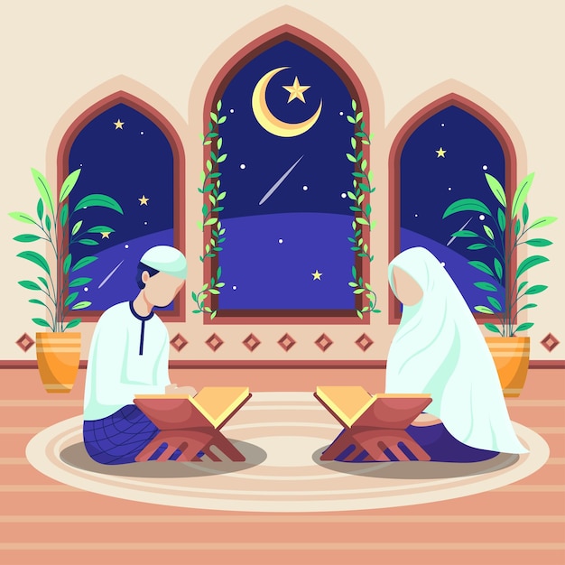 무료 벡터 이슬람 남성과 여성이 모스크 안에 앉아서 꾸란을 읊는다. 모스크의 창 밖에는 초승달과 별들이 있었다.