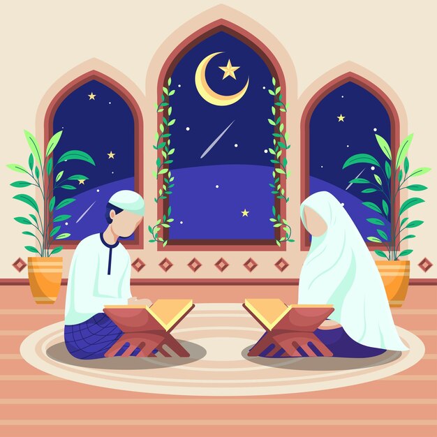 이슬람 남성과 여성이 모스크 안에 앉아서 꾸란을 읊는다. 모스크의 창 밖에는 초승달과 별들이 있었다.