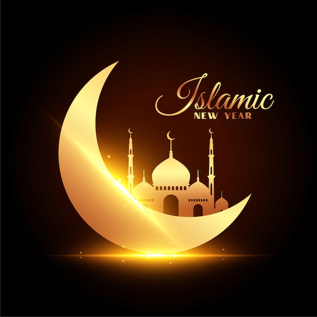 Исламская новогодняя открытка с красивой луной и мечетью