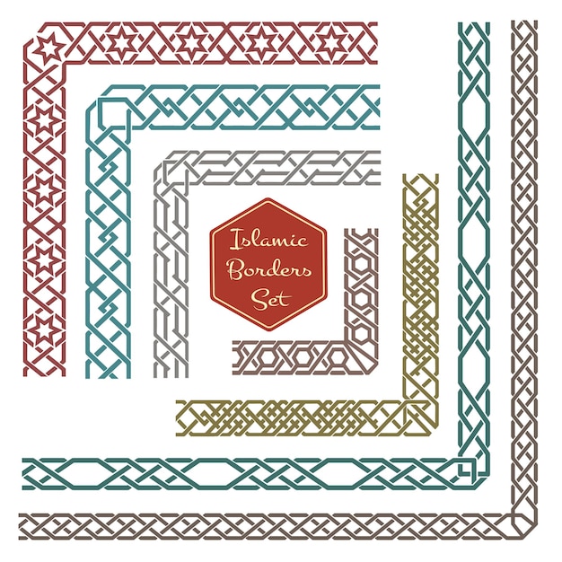 Vettore gratuito bordi ornamentali islamici con angoli. bordo del modello, ornamento del modello d'angolo, illustrazione del bordo d'angolo decorativo