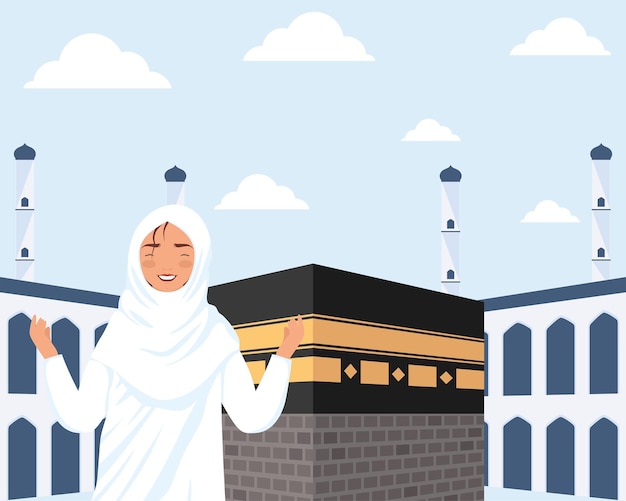 Free vector islamic pilgrimage woman in mecca card