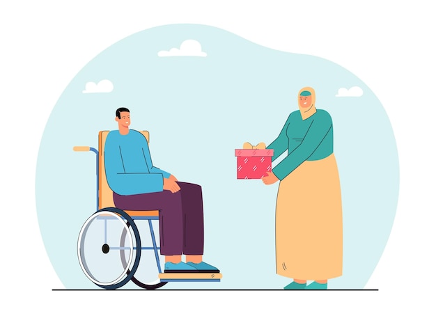 車椅子の男性にプレゼントを贈るイスラムの女性。ギフトフラットベクトルイラストを受け取る身体障害者の男性。ラマダン、サポート、バナーまたはランディングWebページの障害の概念