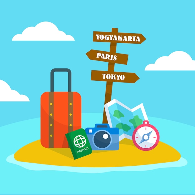 Island background with luggage and sign