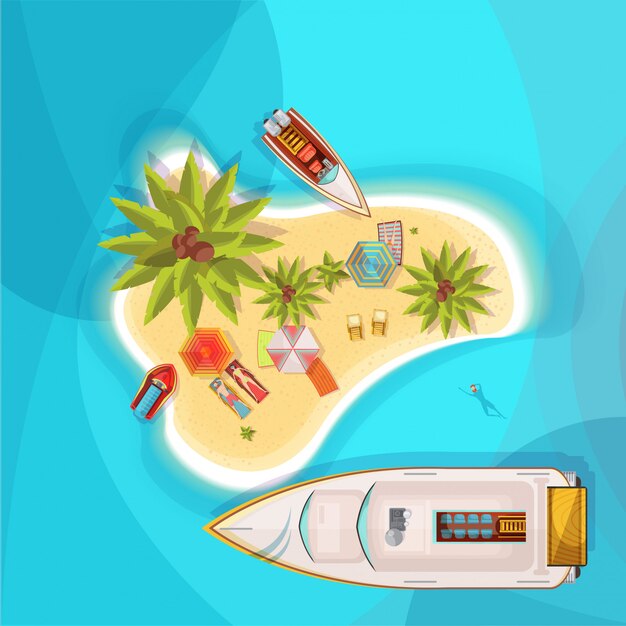 Island beach top view with blue sea, people on loungers under parasols, boats, palm trees vector illustration