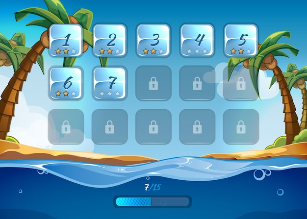 만화 스타일의 사용자 인터페이스 ui가있는 섬 게임. 앱 게임, 바다와 모험, 물과 파도, 놀이와 해변