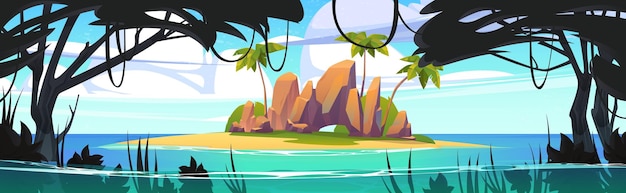 Free vector island in ocean uninhabited secret pirate isle