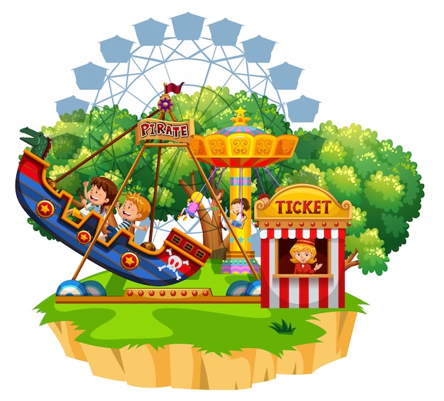 Island scene with many kids playing on circus rides