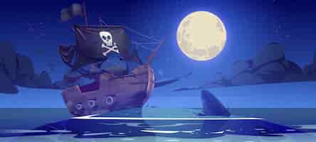 Free vector island in sea with broken pirate ship at night