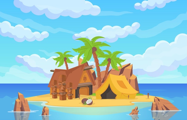 Island in the sea with statues, tents and ritual houses surrounded by sea water and blue sky above. vector cartoon seascape with palm trees and rock mountains on sand beach