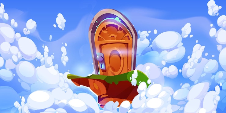 Free Vector island with wooden door floating in sky