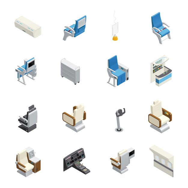 Isolated airplane interior isometric icon set with elements seats and equipment 