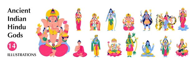 Vettore gratuito isolata antica divinità indù indiana grande icona impostata con shiva brahma ganesha budha e molti altri dèi illustrazione vettoriale