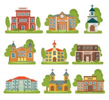 Изолированные и цветные здания школьной церкви с различными типами и назначениями для зданий