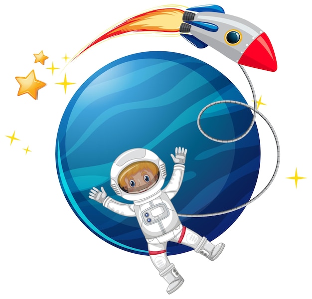 Изолированный астронавт с голубой планетой и ракетой
