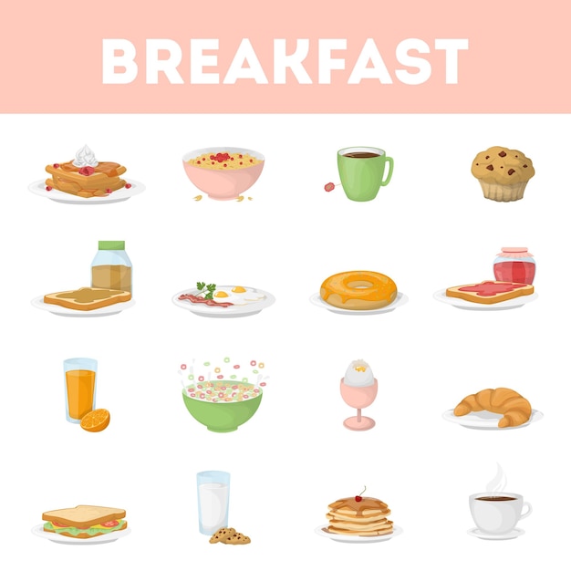 白い背景に設定された孤立した朝食オートミールジュースの卵などの朝食の食事のすべての種類
