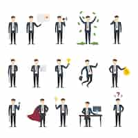 Free vector isolated businessman set funny handsome businessman in suit in different poses on white background