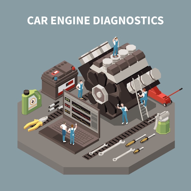 Free vector isolated car service composition with car engine diagnostics headline and employees on work  illustration