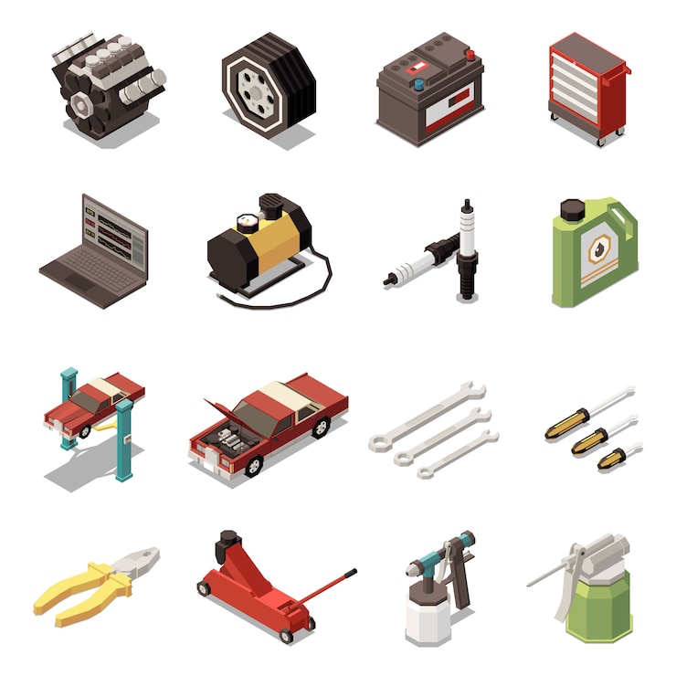 Free Vector isolated car service isometric icon set with plug tool kit and equipment  illustration