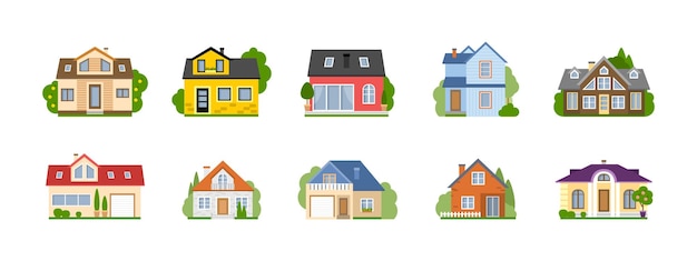 Набор изолированных мультяшных домов Простые загородные дома Концепция недвижимости и собственности