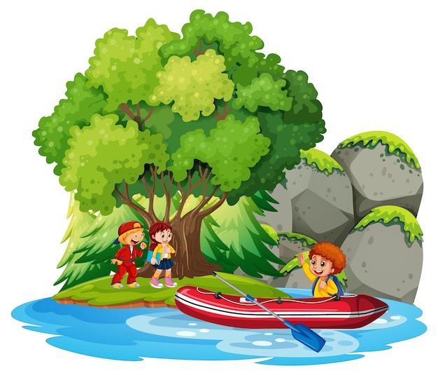 Isolated cartoon island with children on inflatable boat