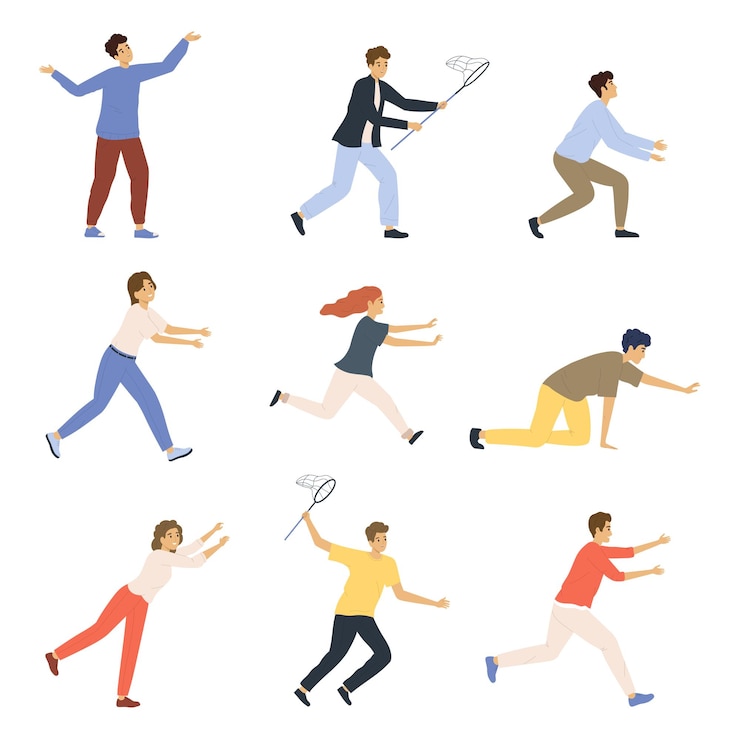 Free Vector isolated catching people flat icon set different people running after something with their arms outstretched with snares falling to their knees vector illustration