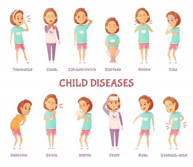 Isolated characters set with cartoon girl anxious for different child disease symptoms