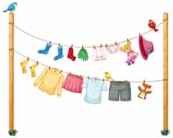 Free vector isolated clothes hanging on clothesline on white background