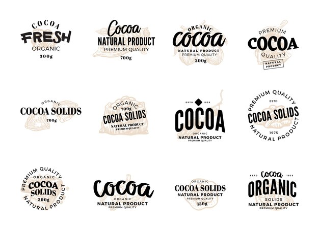 Изолированный набор этикеток какао с описанием какао свежего органического какао натурального продукта высшего качества