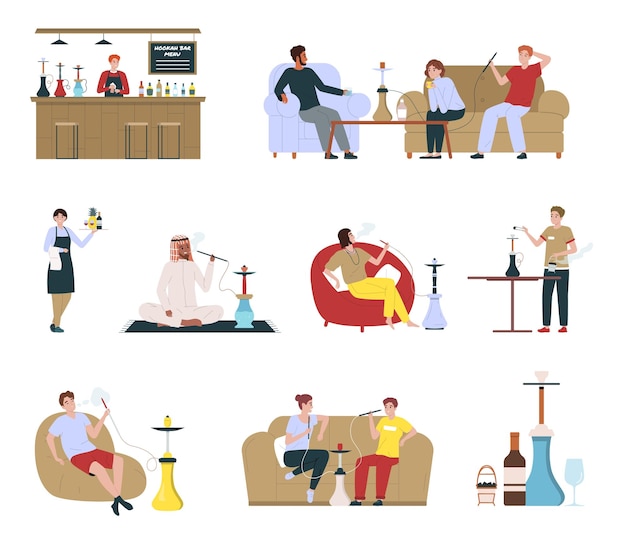 Free vector isolated colored hookah bar flat icon set the bartender stand stands behind the bar the group of people smoke the waitress carries the orders vector illustration