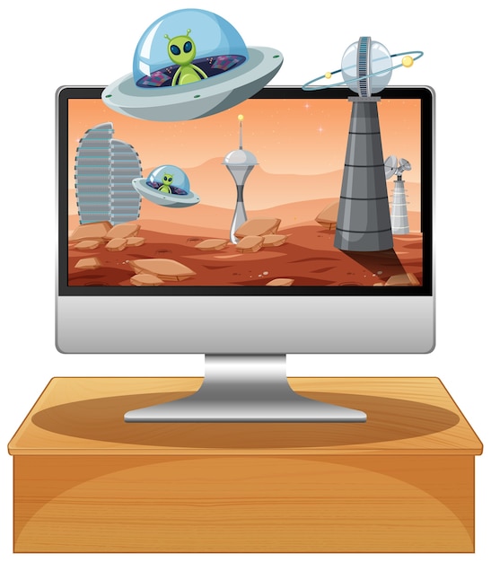 Free vector isolated computer on the table with space theme desktop background