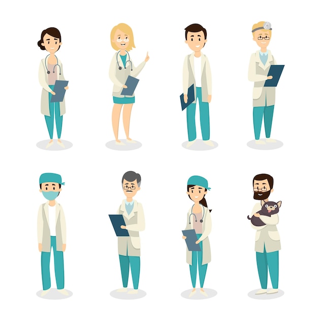 Free vector isolated doctors set on white background surgeon and therapist vet and nurse