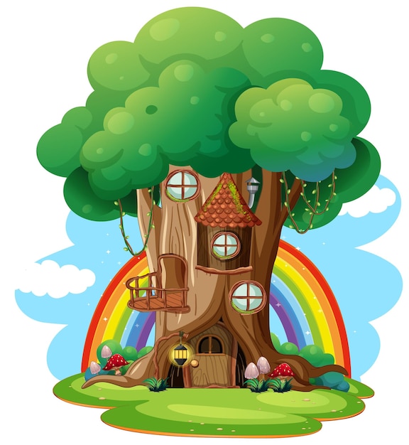 Vettore gratuito casa sull'albero di fantasia isolata su priorità bassa bianca