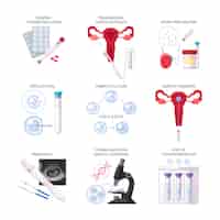 無料ベクター 分離された平らな体外受精ivfアイコンセットと受精妊娠胚培養転送およびその他の説明