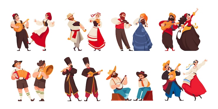 Free Vector isolated folklore music icon set with eight pairs of dancers and singers from different countries in their costumes vector illustration
