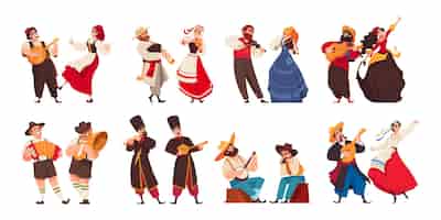 無料ベクター 衣装のベクトル図でさまざまな国のダンサーと歌手の 8 つのペアで設定された孤立した民俗音楽アイコン
